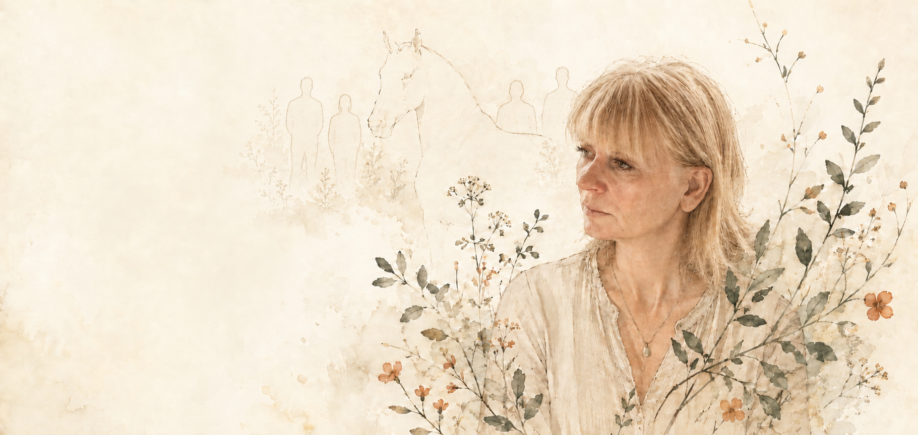 Akvarellporträtt av Louise omgiven av ängsblommor och en häst
